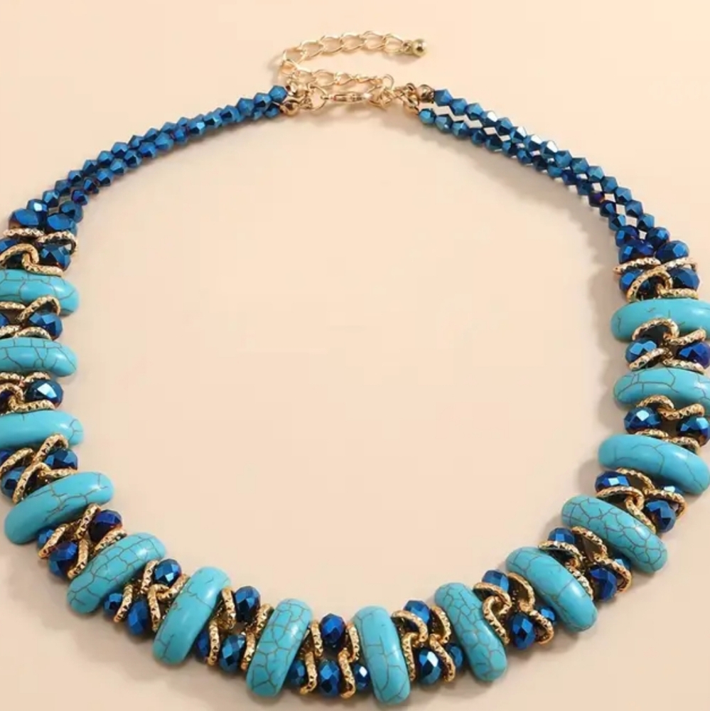 Boho Style Crescent Turquoise/Crystal Necklace. NWT - Picture 2 of 4